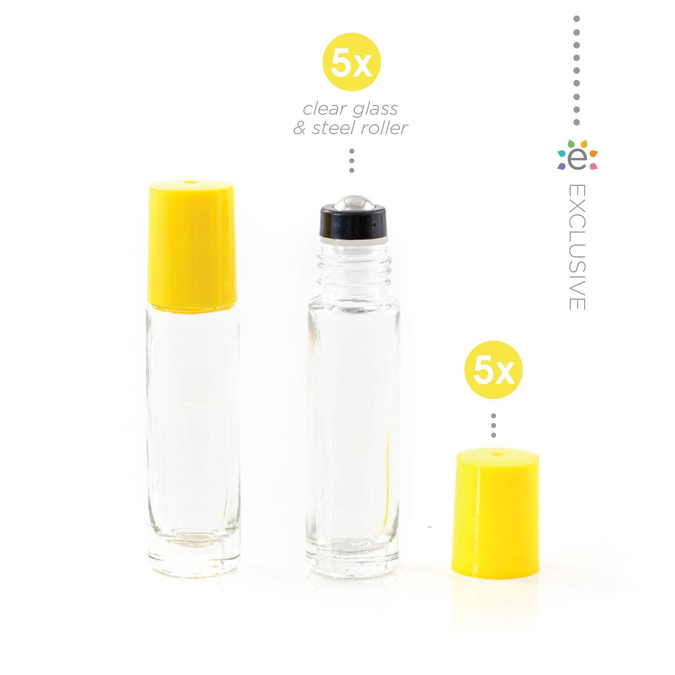 10ml butelka szklana przezroczysta z żółtą nakrętką i nasadką z kulką ze stali nierdzewnej (5szt.)