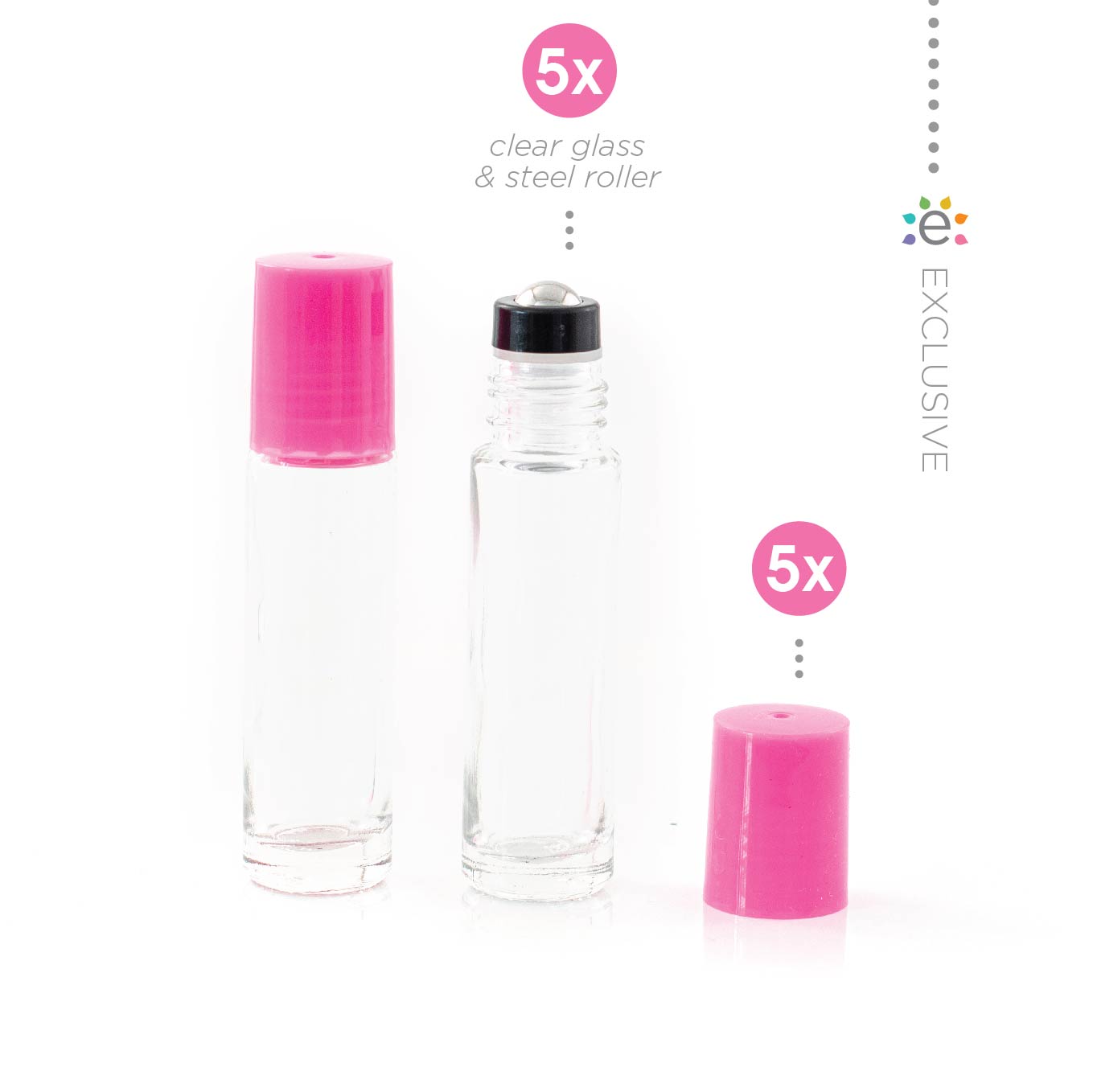 10ml butelka szklana przezroczysta z różową nakrętką i nasadką z kulką ze stali nierdzewnej (5szt.)