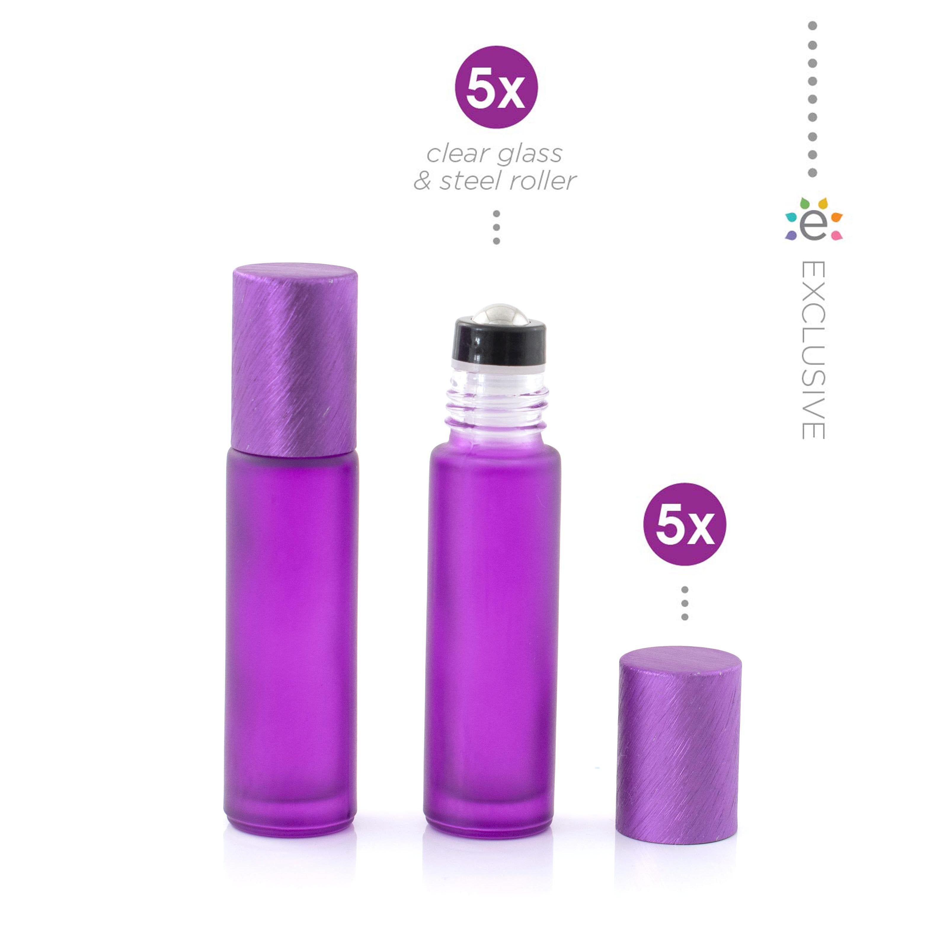 10ml szklana fioletowa butelka z efektem szronu z nasadką z kulką ze stali nierdzewnej i fioletową metalową nakrętką (5szt.)