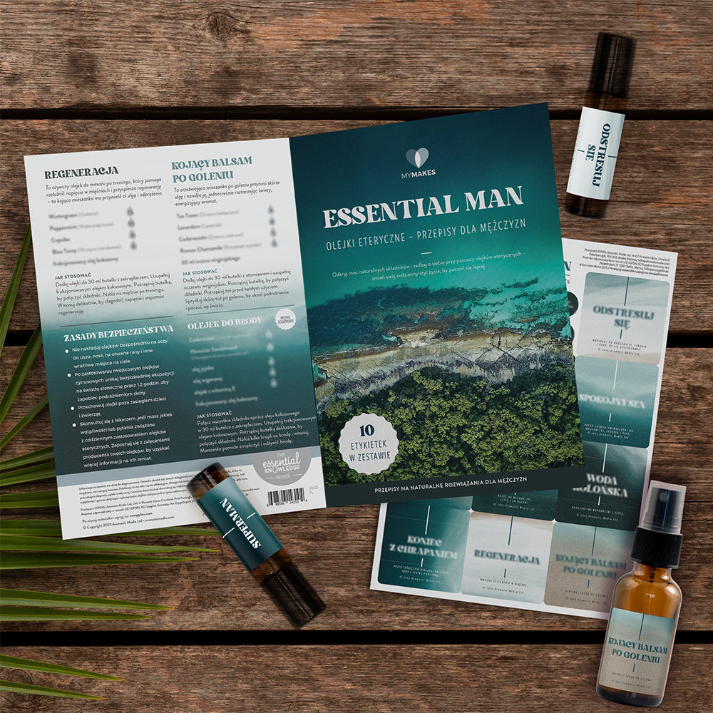 MyMakes: Essential Men olejki eteryczne - przepisy dla mężczyzn  1 szt. j.polski (broszura + zestaw naklejek)