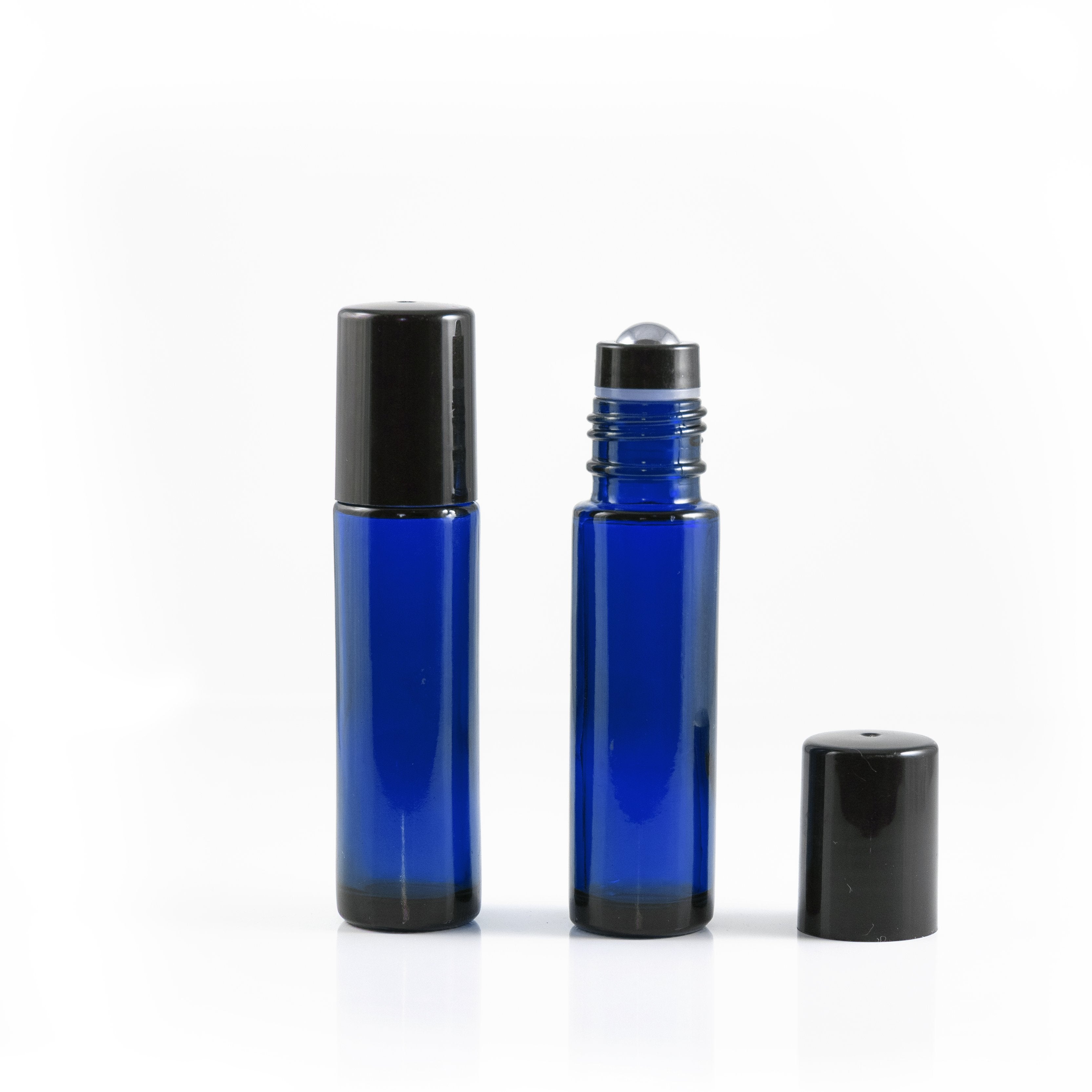 10ml szklana butelka niebieska typu rollon z nasadką z kulką ze stali nierdzewnej oraz czarną nakrętką (5szt.)