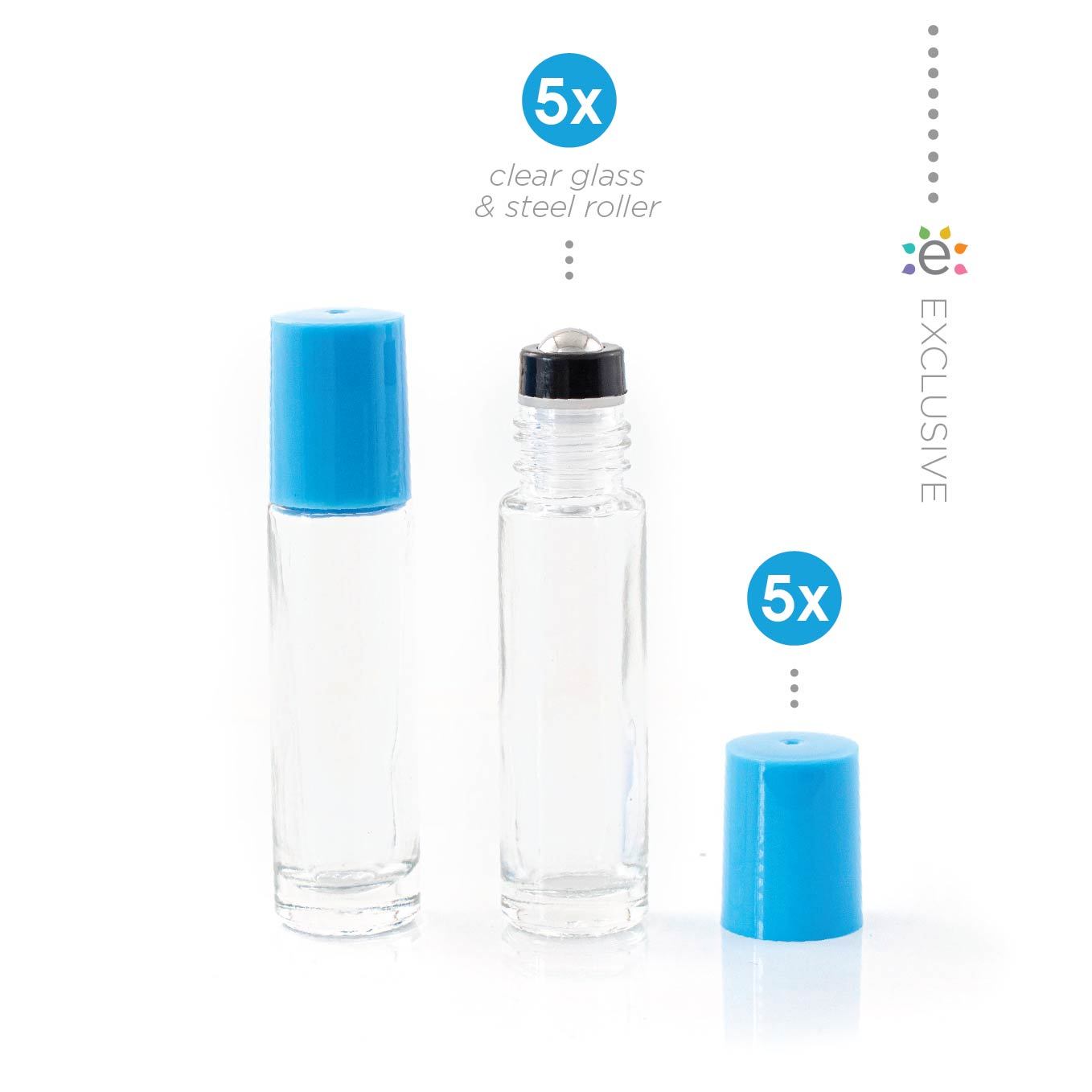 10ml butelka szklana przezroczysta z niebieską nakrętką i nasadką z kulką ze stali nierdzewnej (5szt.)
