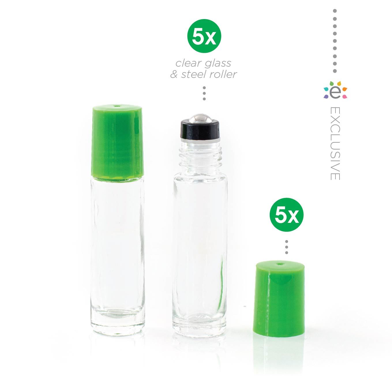 10ml butelka szklana przezroczysta z zieloną nakrętką i nasadką z kulką ze stali nierdzewnej (5szt.)