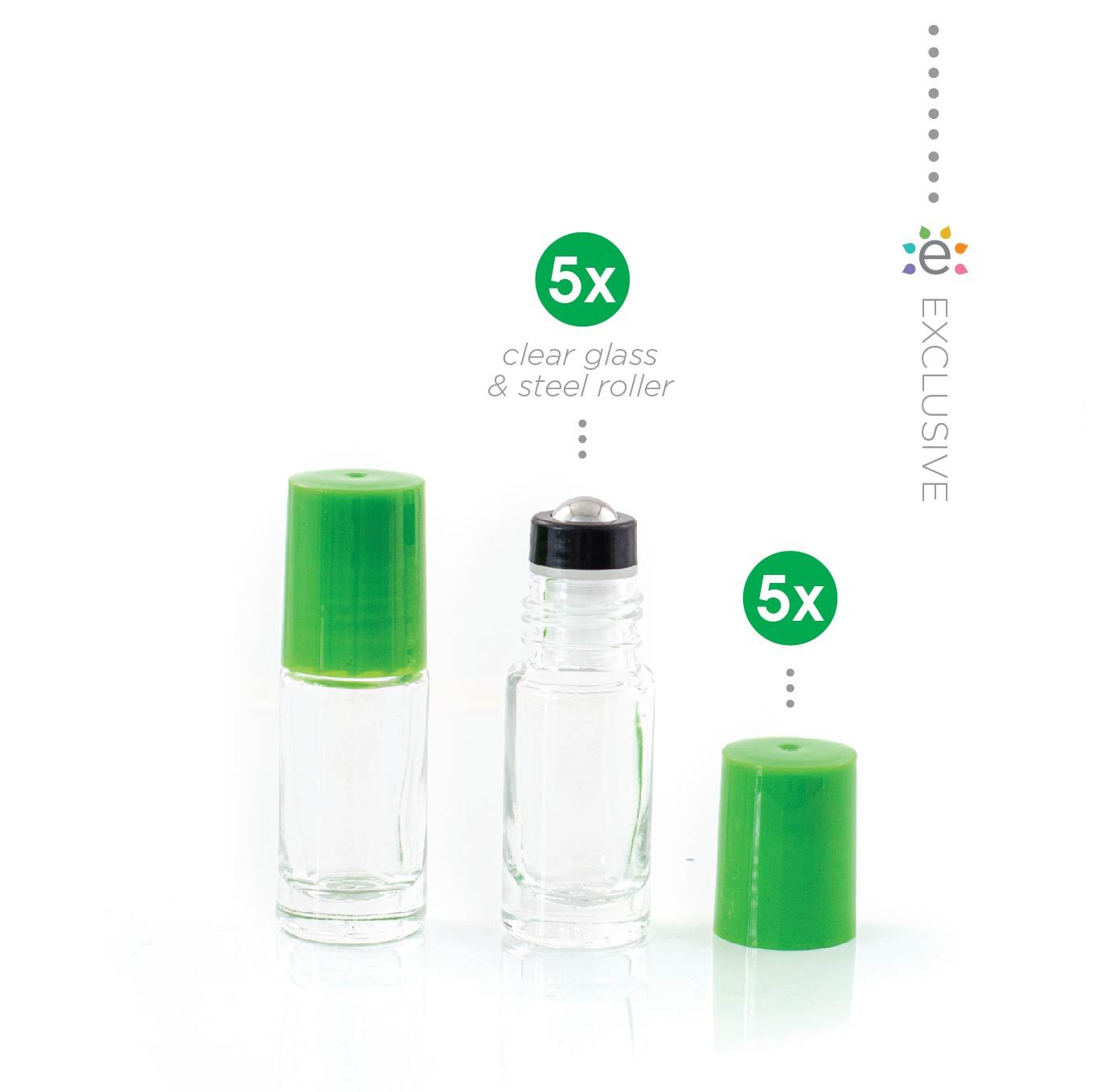 5ml butelka szklana przezroczysta z zieloną nakrętką i nasadką z kulką ze stali nierdzewnej (5szt.)