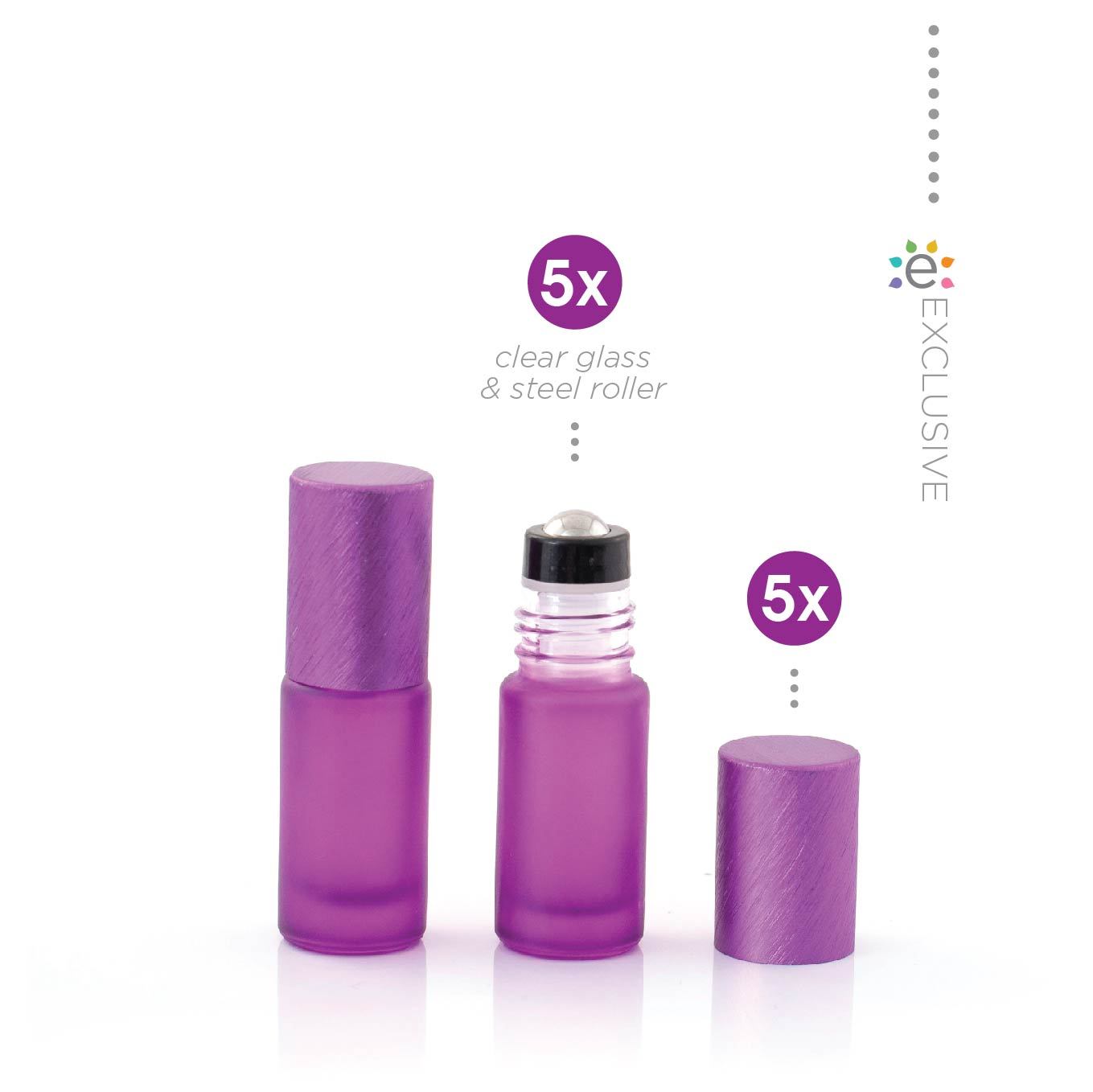 5ml szklana fioletowa butelka z efektem szronu z nasadką z kulką ze stali nierdzewnej i fioletową metalową nakrętką (5szt.)
