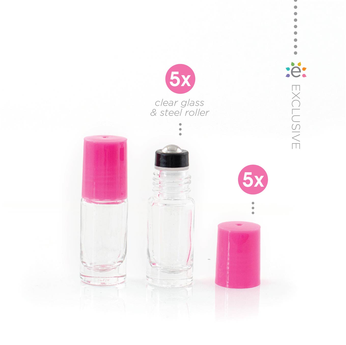 5ml butelka szklana przezroczysta z różową nakrętką i nasadką z kulką ze stali nierdzewnej (5szt.)