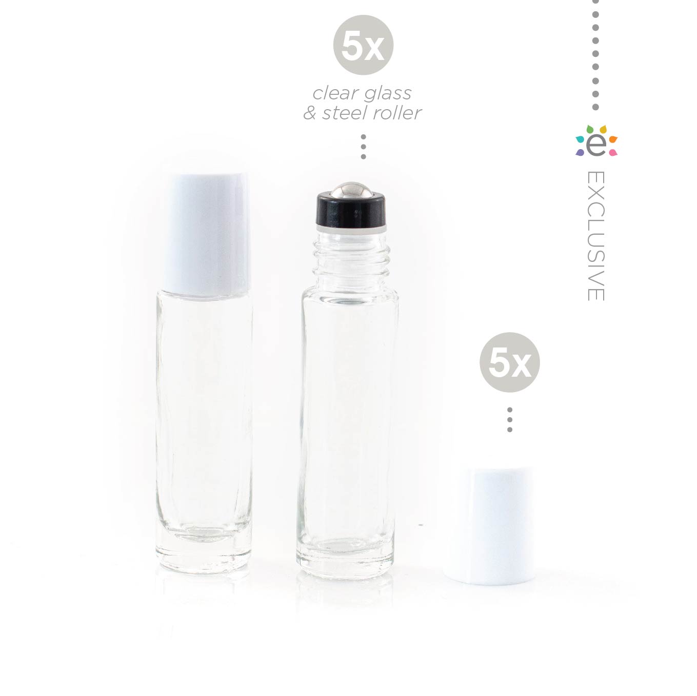 10ml butelka szklana przezroczysta z białą nakrętką i nasadką z kulką ze stali nierdzewnej (5szt.)