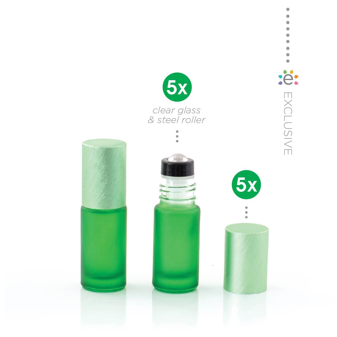 5ml szklana zielona butelka z efektem szronu z nasadką z kulką ze stali nierdzewnej i zieloną metalową nakrętką (5szt.)