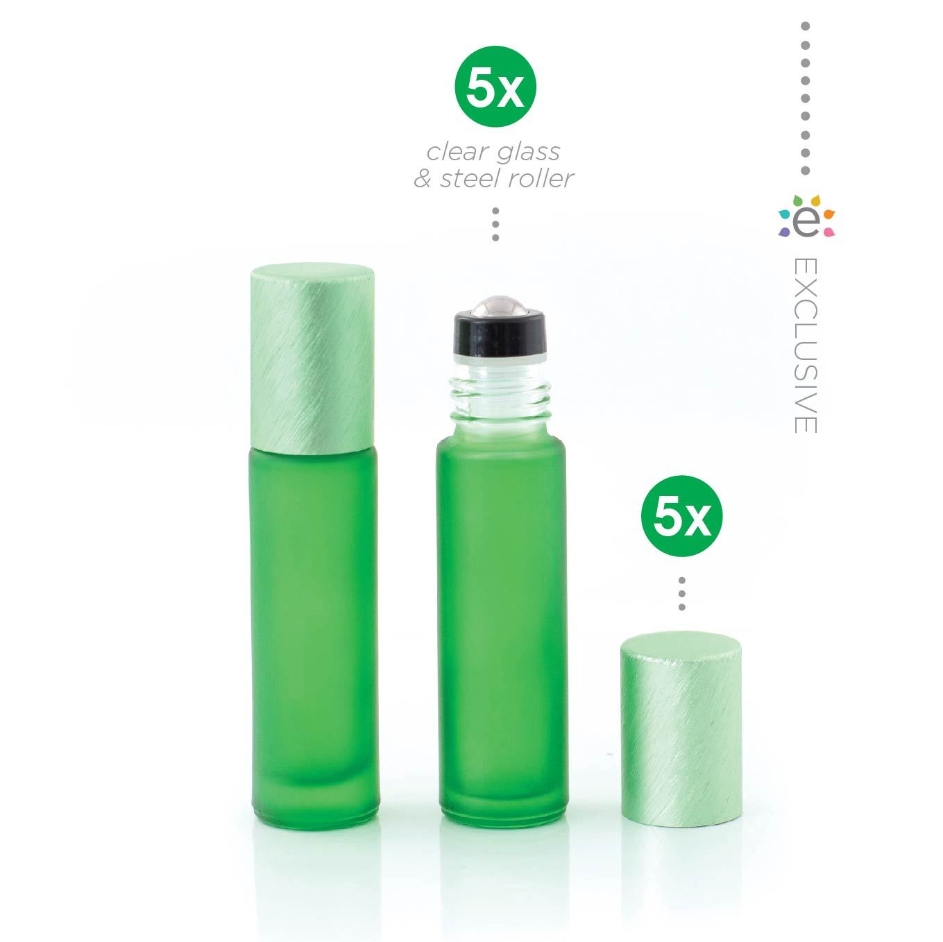 10ml szklana zielona butelka z efektem szronu z nasadką z kulką ze stali nierdzewnej i zieloną metalową nakrętką (5szt.)