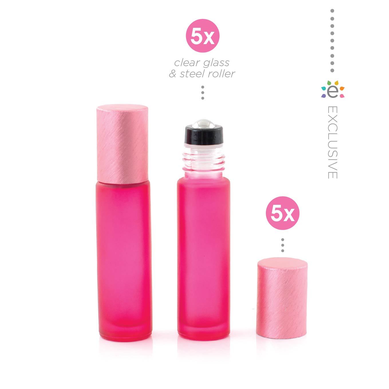 10ml szklana różowa butelka z efektem szronu z nasadką z kulką ze stali nierdzewnej i różową metalową nakrętką (5szt.)