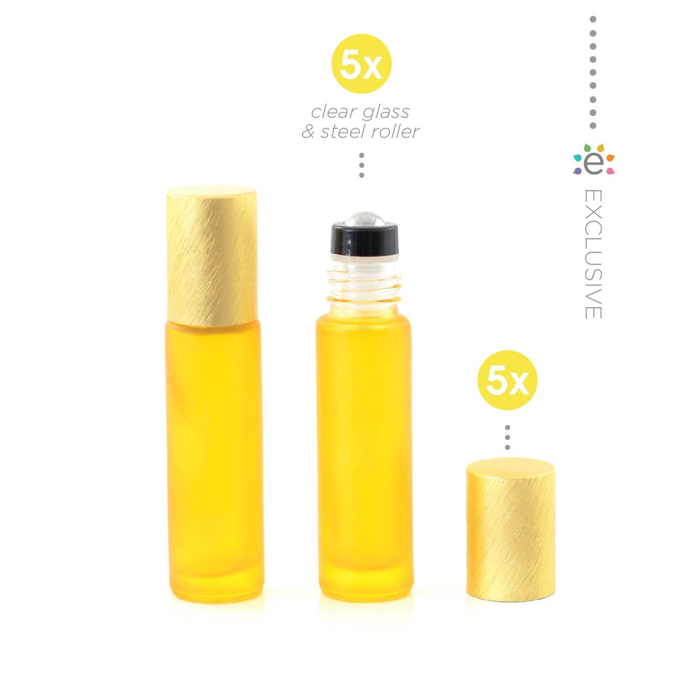 10ml szklana żółta butelka z efektem szronu z nasadką z kulką ze stali nierdzewnej i złotą metalową nakrętką (5szt.)