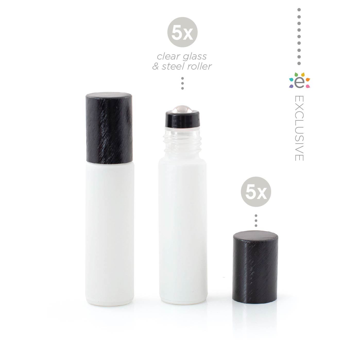 10ml szklana biała butelka z efektem szronu z nasadką z kulką ze stali nierdzewnej i czarną metalową nakrętką (5szt.)